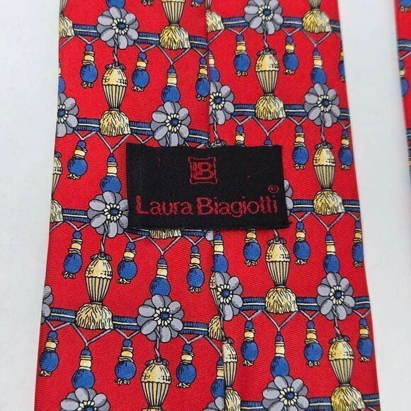 LAURA BIAGIOTTI ITALY SILK TIE RED BLUE GOLD TASSEL PATTERN SMOOTH 4" X 57" - Picture 3 of 3